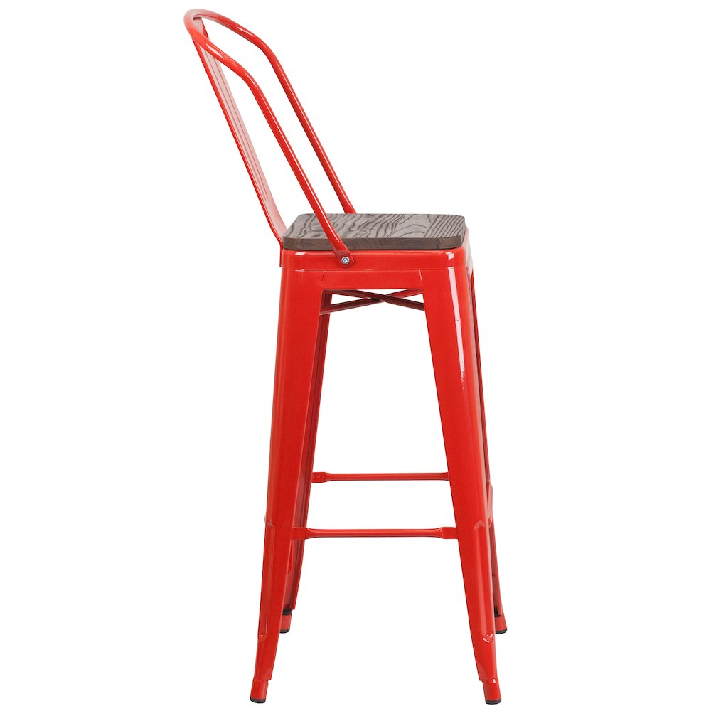 30" High Red Metal Barstool with Back and Wood Seat. Picture 2