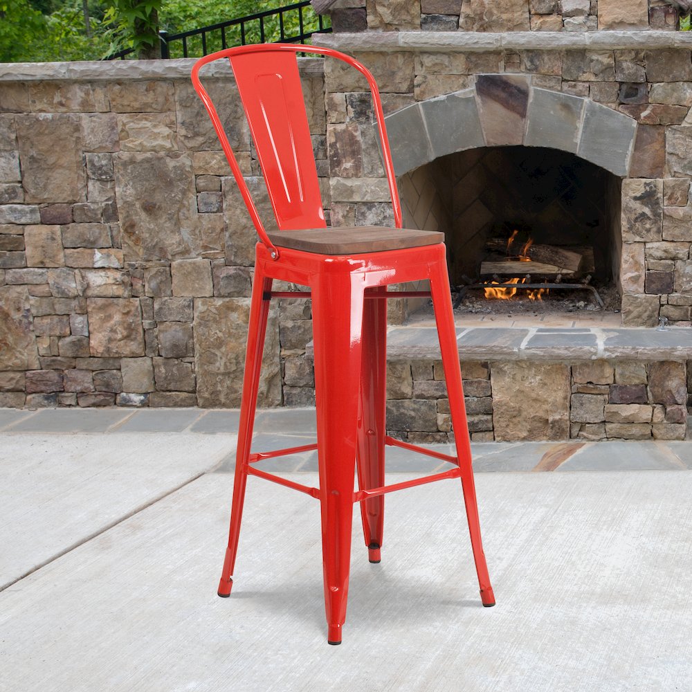 30" High Red Metal Barstool with Back and Wood Seat. Picture 5