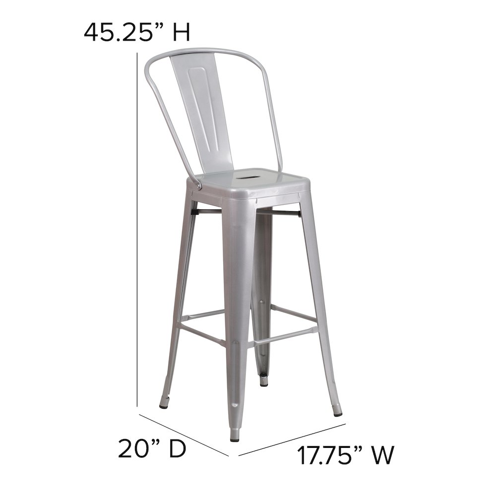 30" High Silver Metal Indoor-Outdoor Barstool with Removable Back. Picture 6