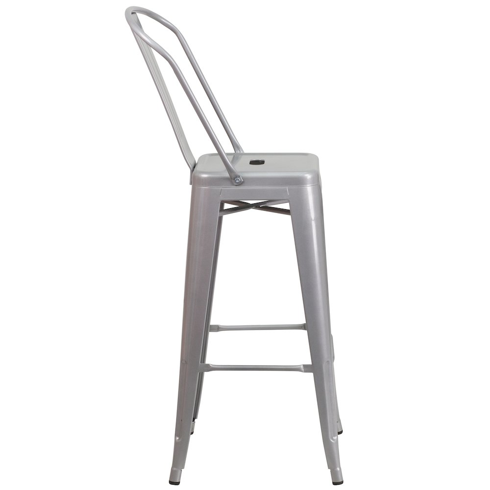 30" High Silver Metal Indoor-Outdoor Barstool with Removable Back. Picture 9