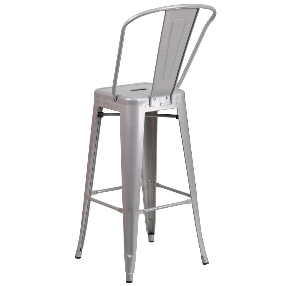 30" High Silver Metal Indoor-Outdoor Barstool with Removable Back. Picture 7