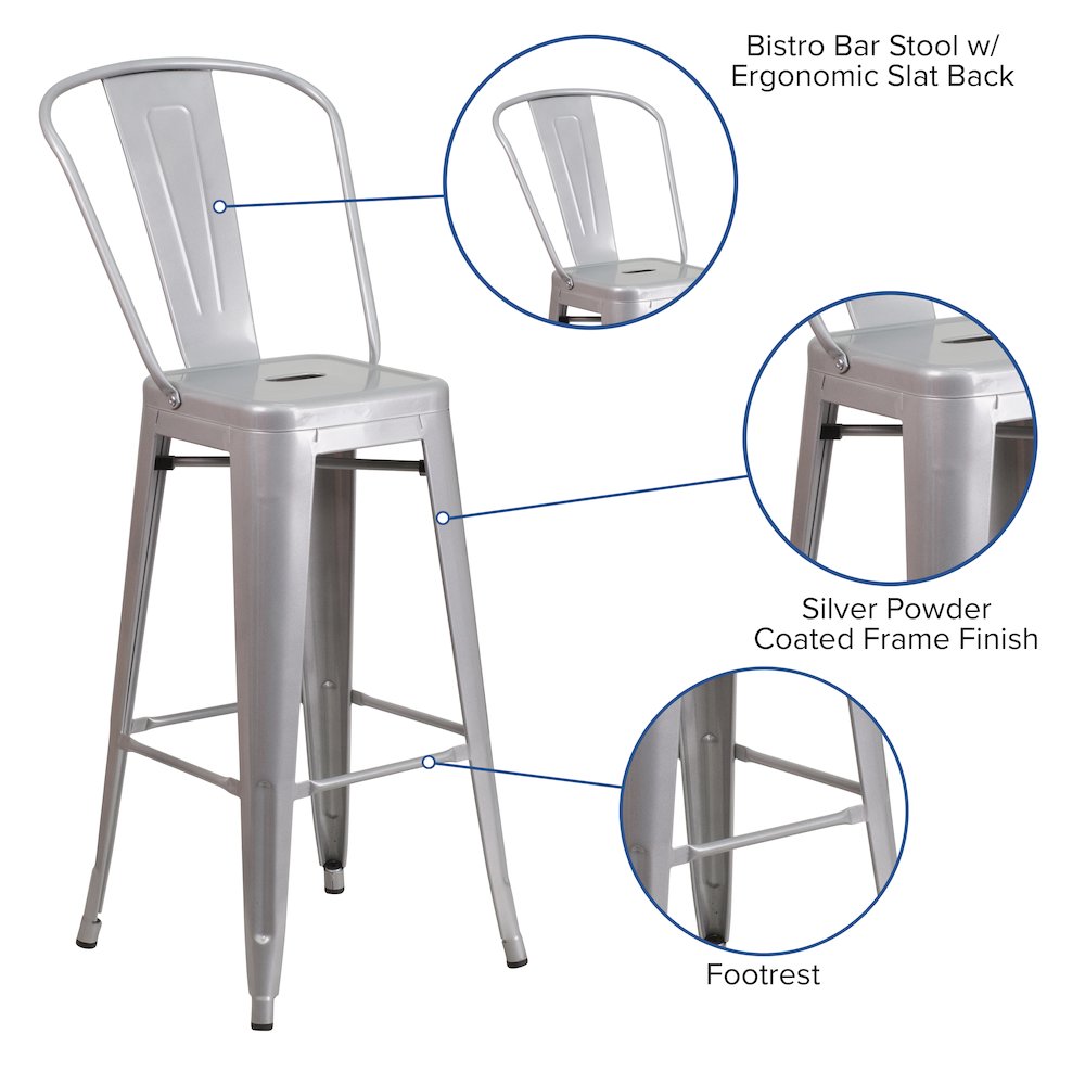 30" High Silver Metal Indoor-Outdoor Barstool with Removable Back. Picture 5
