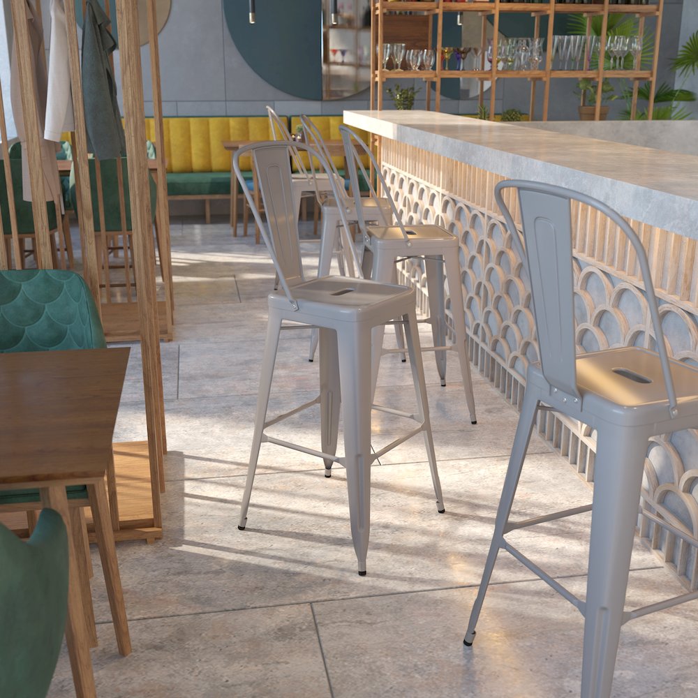 30" High Silver Metal Indoor-Outdoor Barstool with Removable Back. Picture 2