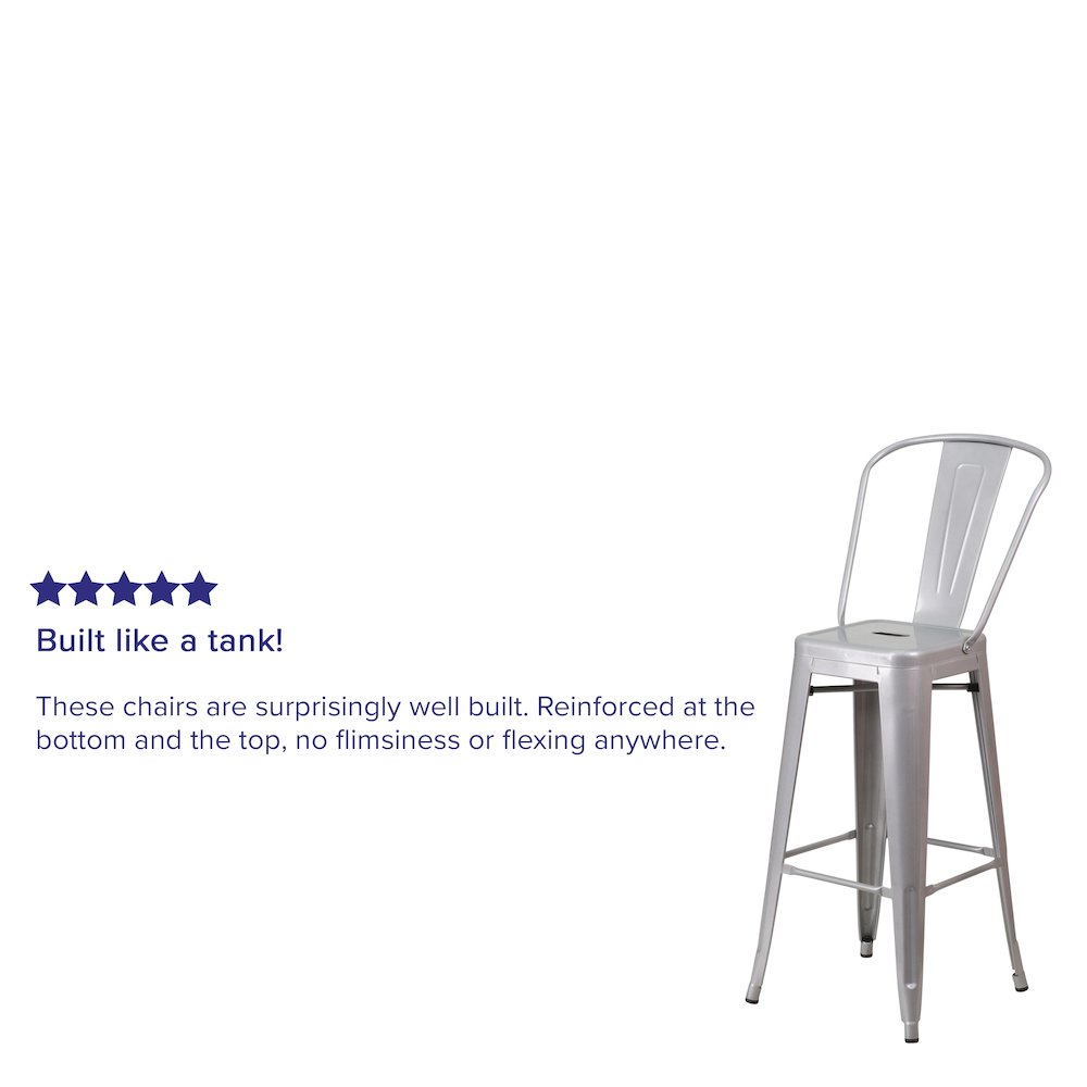 30" High Silver Metal Indoor-Outdoor Barstool with Removable Back. Picture 4