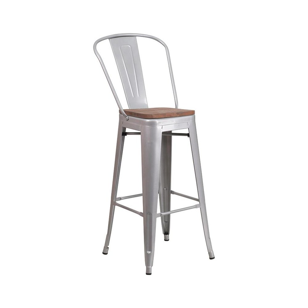 30" High Silver Metal Barstool with Back and Wood Seat. Picture 1