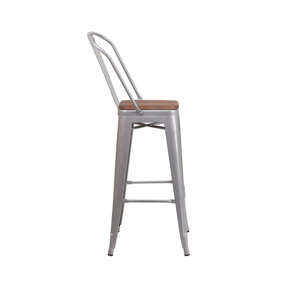 30" High Silver Metal Barstool with Back and Wood Seat. Picture 2