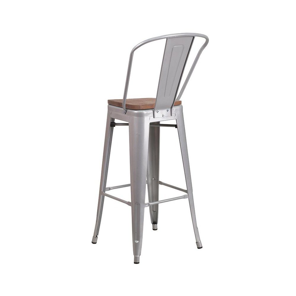 30" High Silver Metal Barstool with Back and Wood Seat. Picture 3
