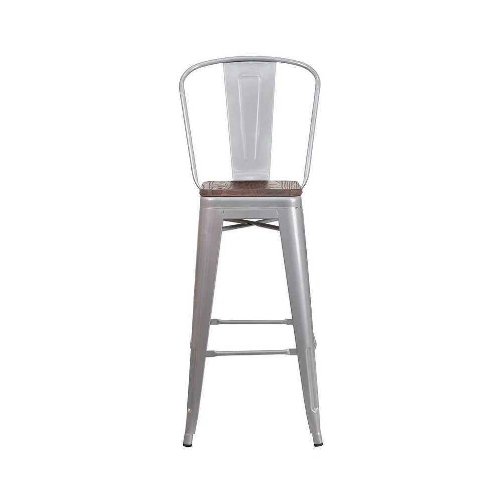 30" High Silver Metal Barstool with Back and Wood Seat. Picture 4