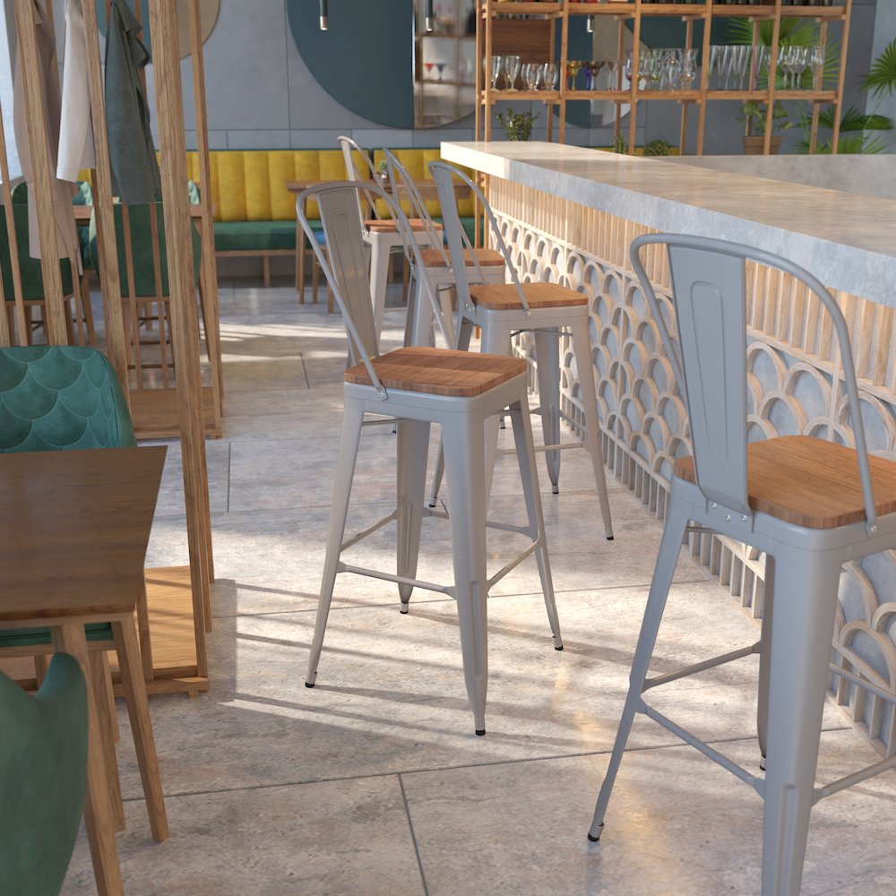 30" High Silver Metal Barstool with Back and Wood Seat. Picture 5