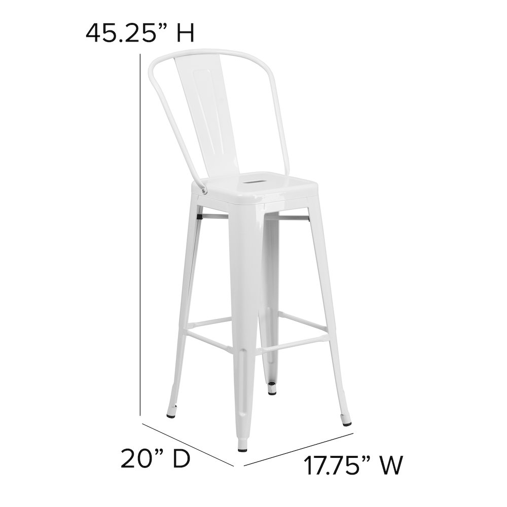 30" High White Metal Indoor-Outdoor Barstool with Removable Back. Picture 6