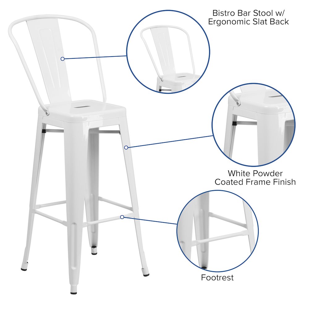 30" High White Metal Indoor-Outdoor Barstool with Removable Back. Picture 5