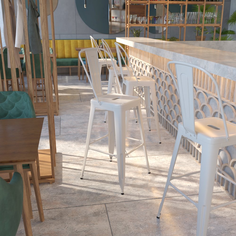 Commercial Grade 30" High White Metal Indoor-Outdoor Barstool with Removable Back. Picture 5