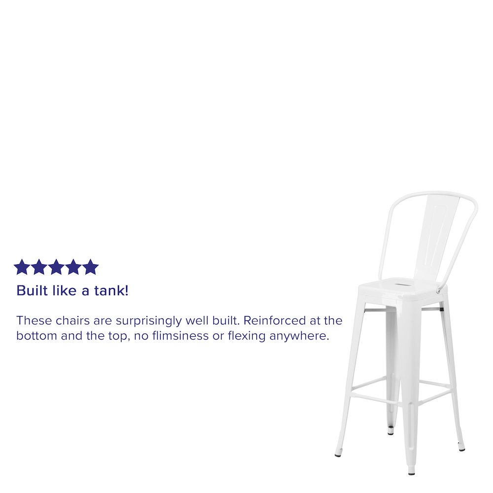 Commercial Grade 30" High White Metal Indoor-Outdoor Barstool with Removable Back. Picture 6
