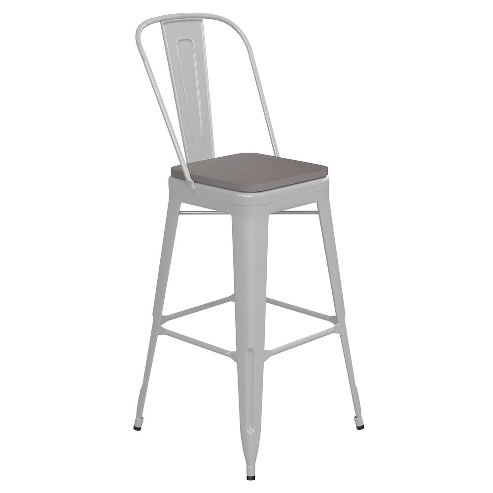30" High White Metal Bar Height Stool with Gray All-Weather Poly Resin Seat. Picture 1