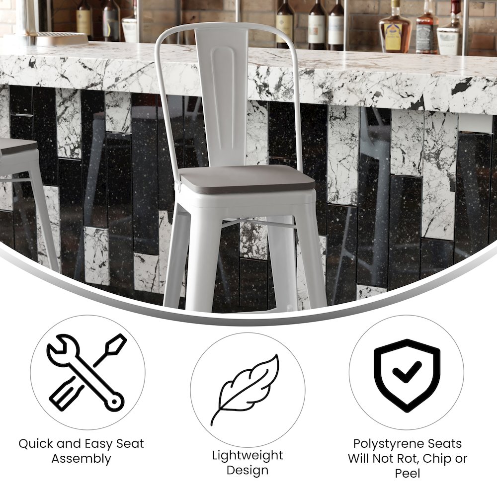 30" High White Metal Bar Height Stool with Gray All-Weather Poly Resin Seat. Picture 4