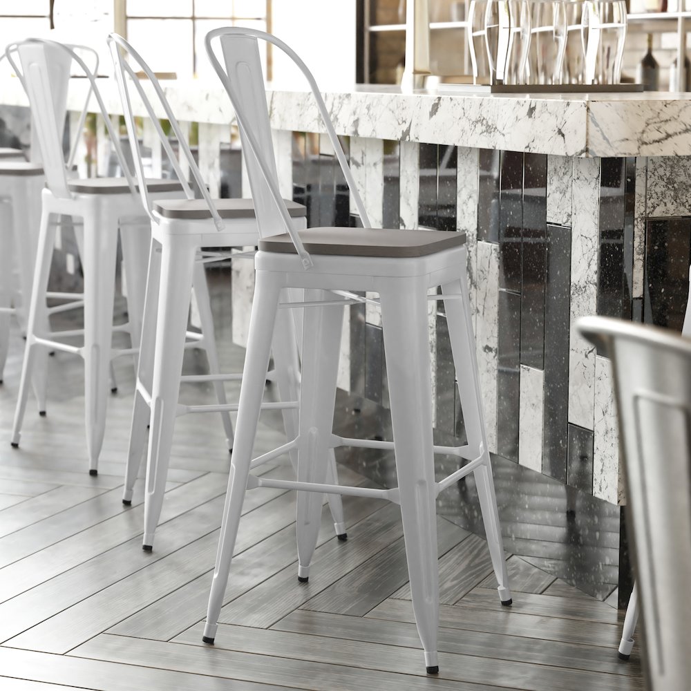 30" High White Metal Bar Height Stool with Gray All-Weather Poly Resin Seat. Picture 2