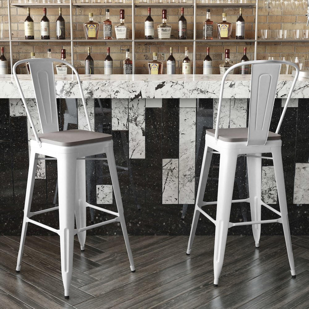30" High White Metal Bar Height Stool with Gray All-Weather Poly Resin Seat. Picture 7