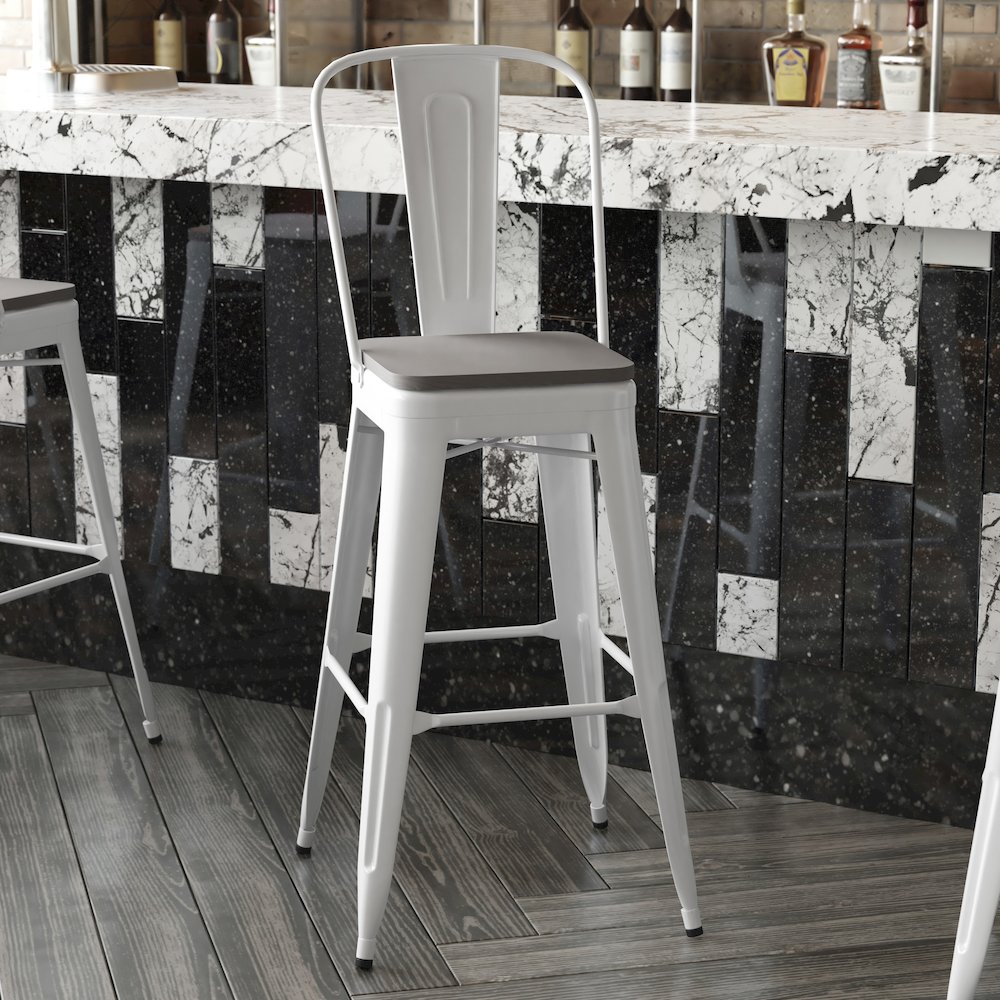 30" High White Metal Bar Height Stool with Gray All-Weather Poly Resin Seat. Picture 8