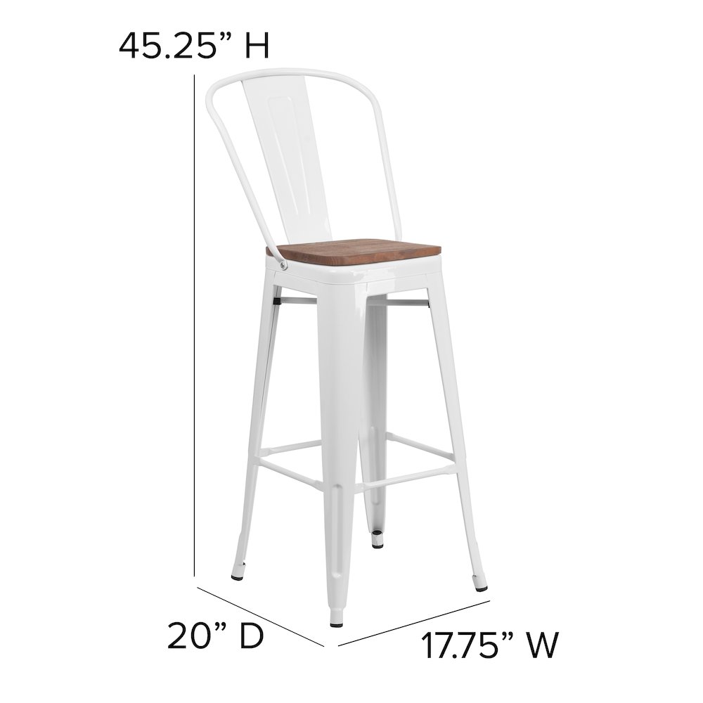 30" High White Metal Barstool with Back and Wood Seat. Picture 5