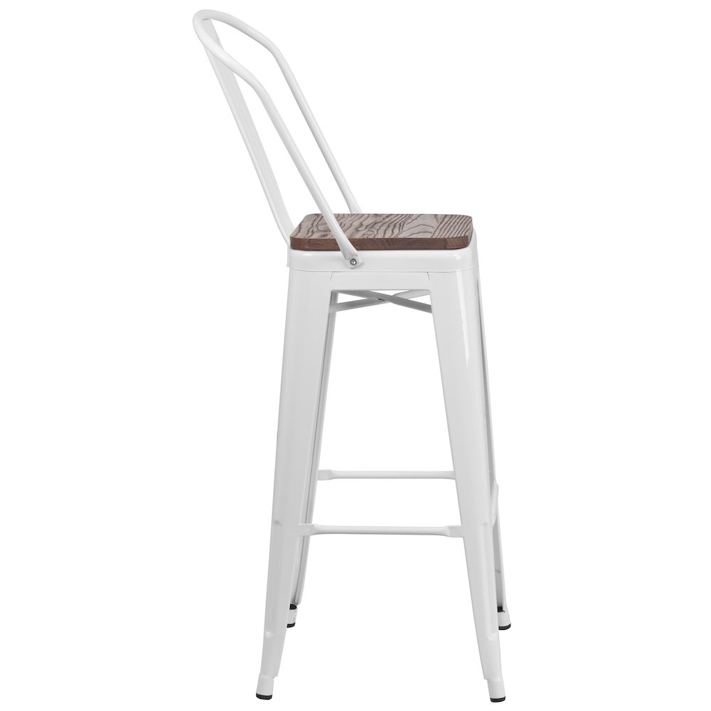30" High White Metal Barstool with Back and Wood Seat. Picture 8