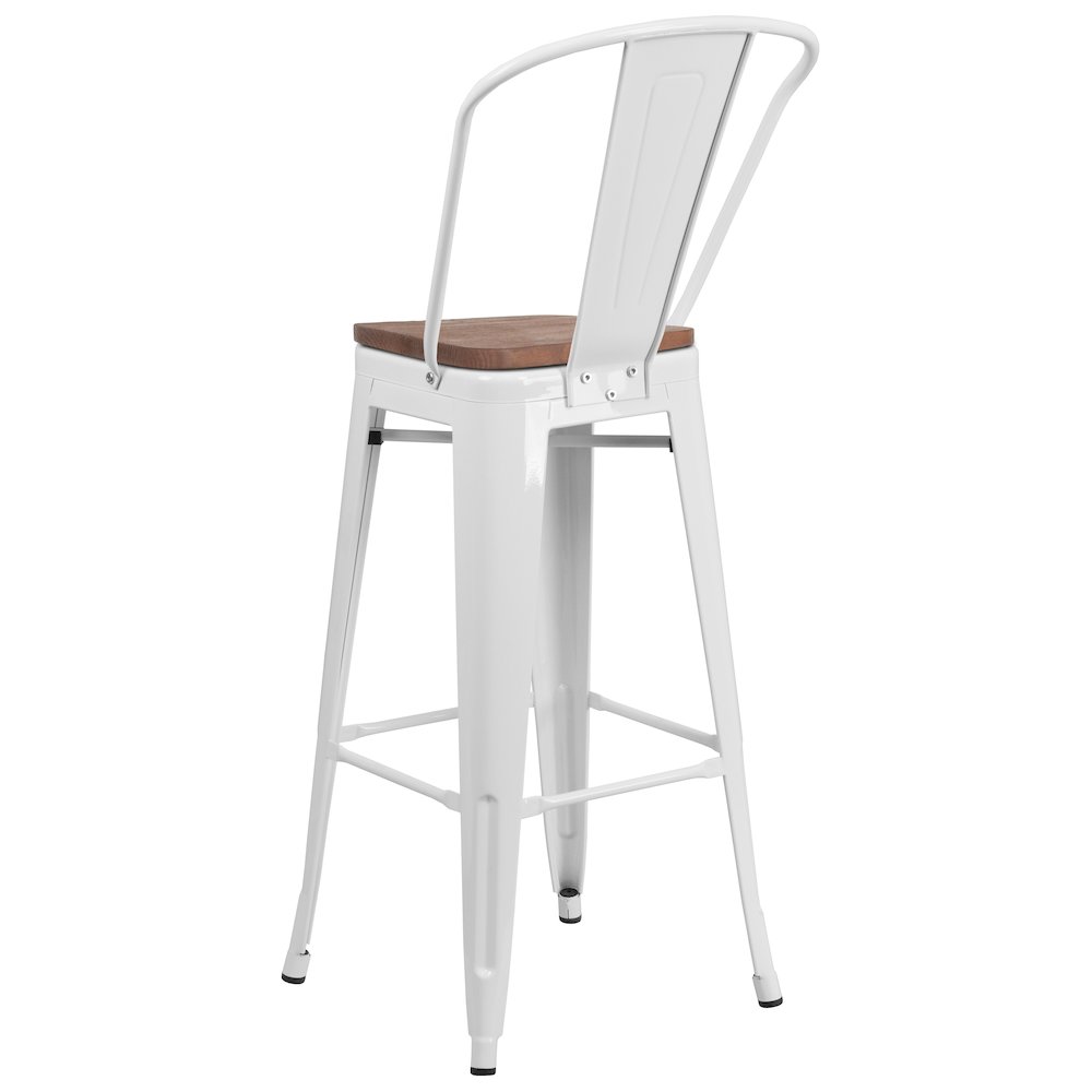 30" High White Metal Barstool with Back and Wood Seat. Picture 6