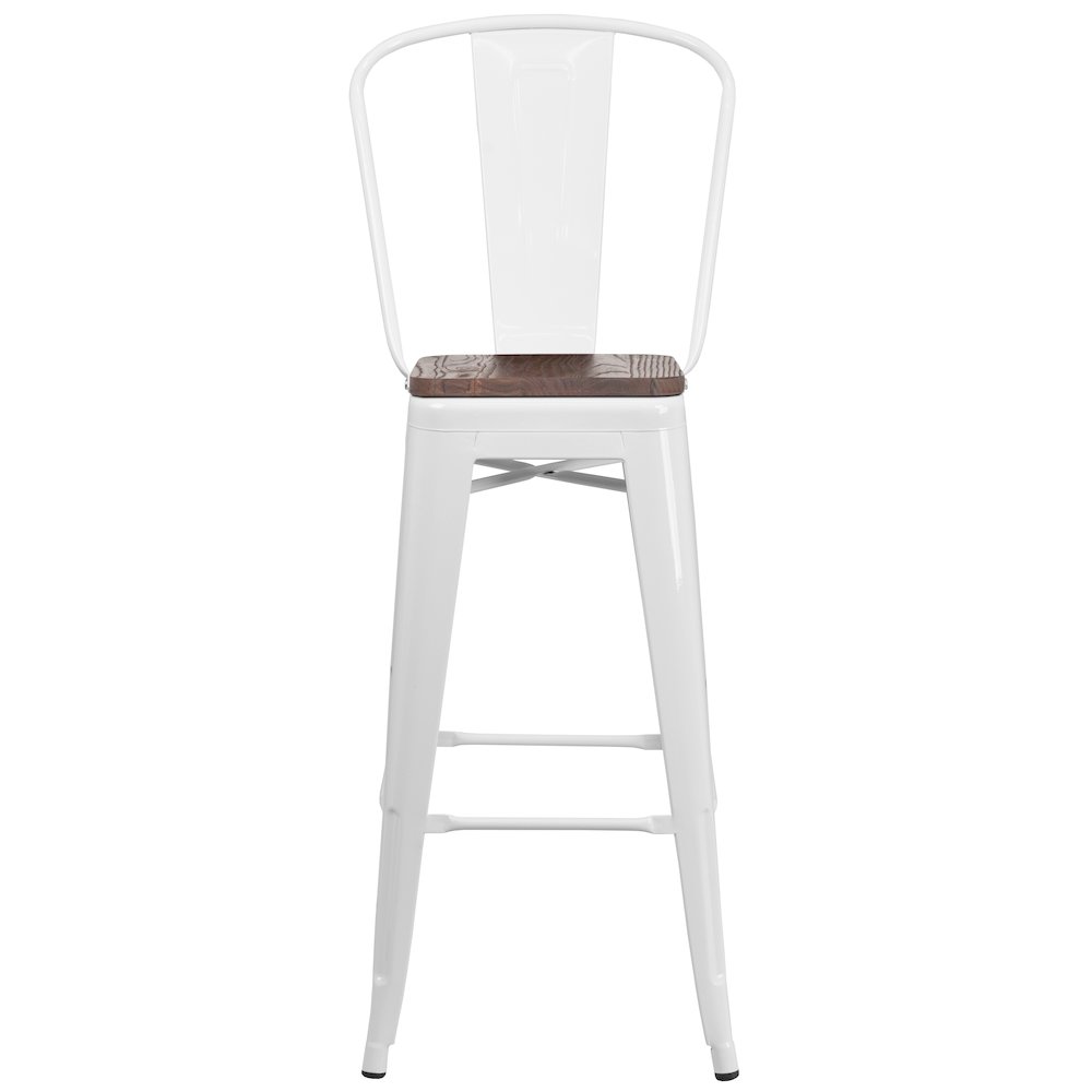 30" High White Metal Barstool with Back and Wood Seat. Picture 9