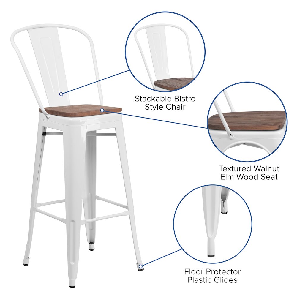 30" High White Metal Barstool with Back and Wood Seat. Picture 4