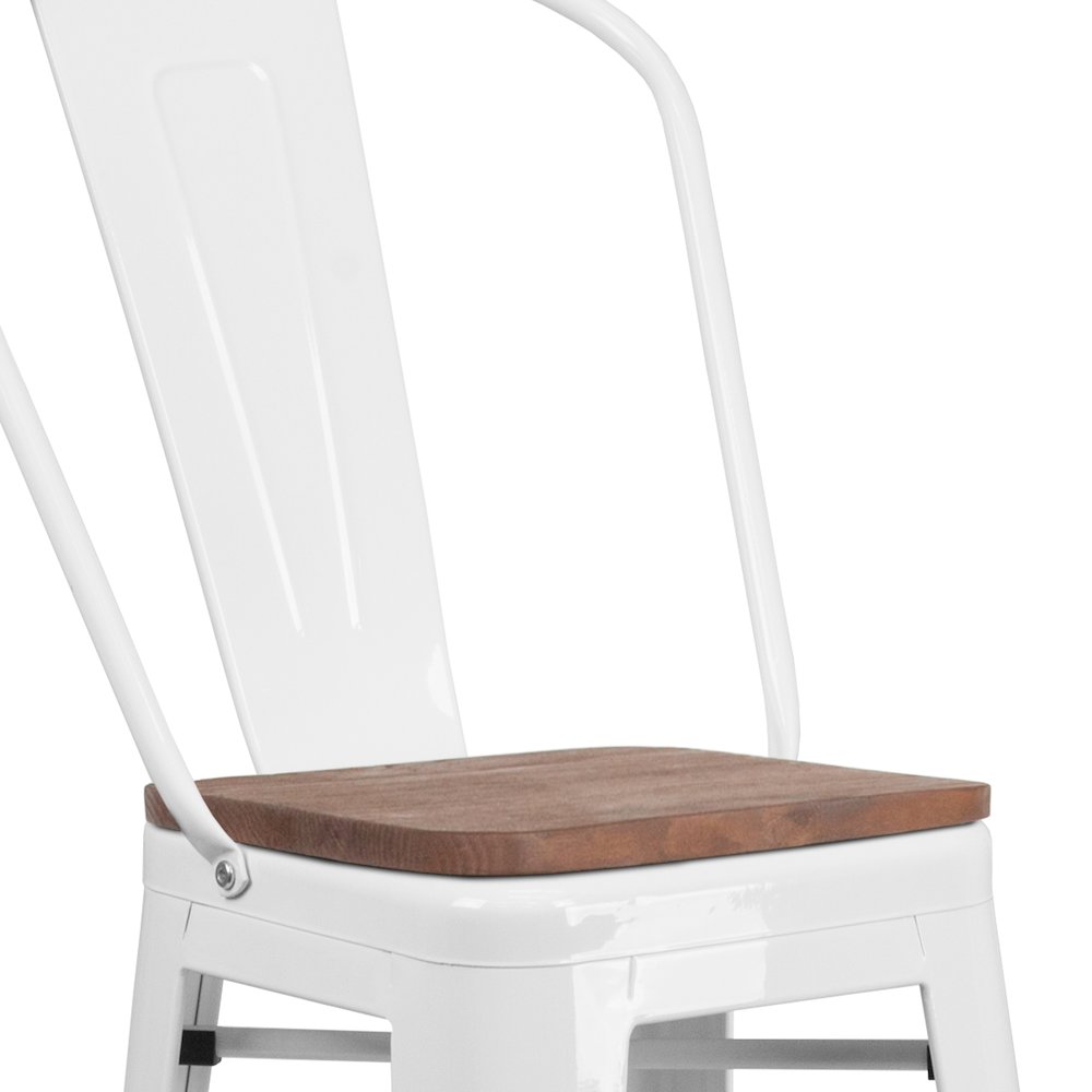 30" High White Metal Barstool with Back and Wood Seat. Picture 7