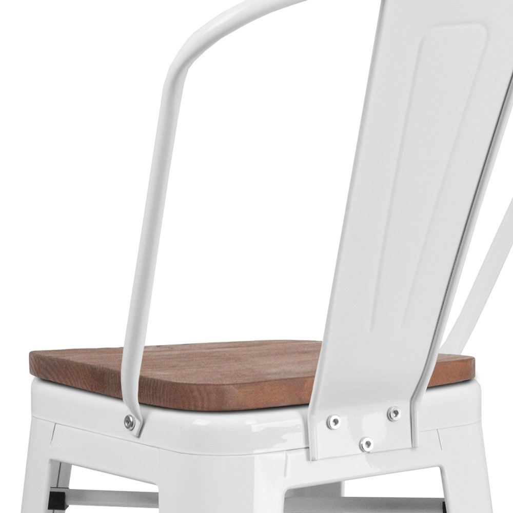30" High White Metal Barstool with Back and Wood Seat. Picture 10