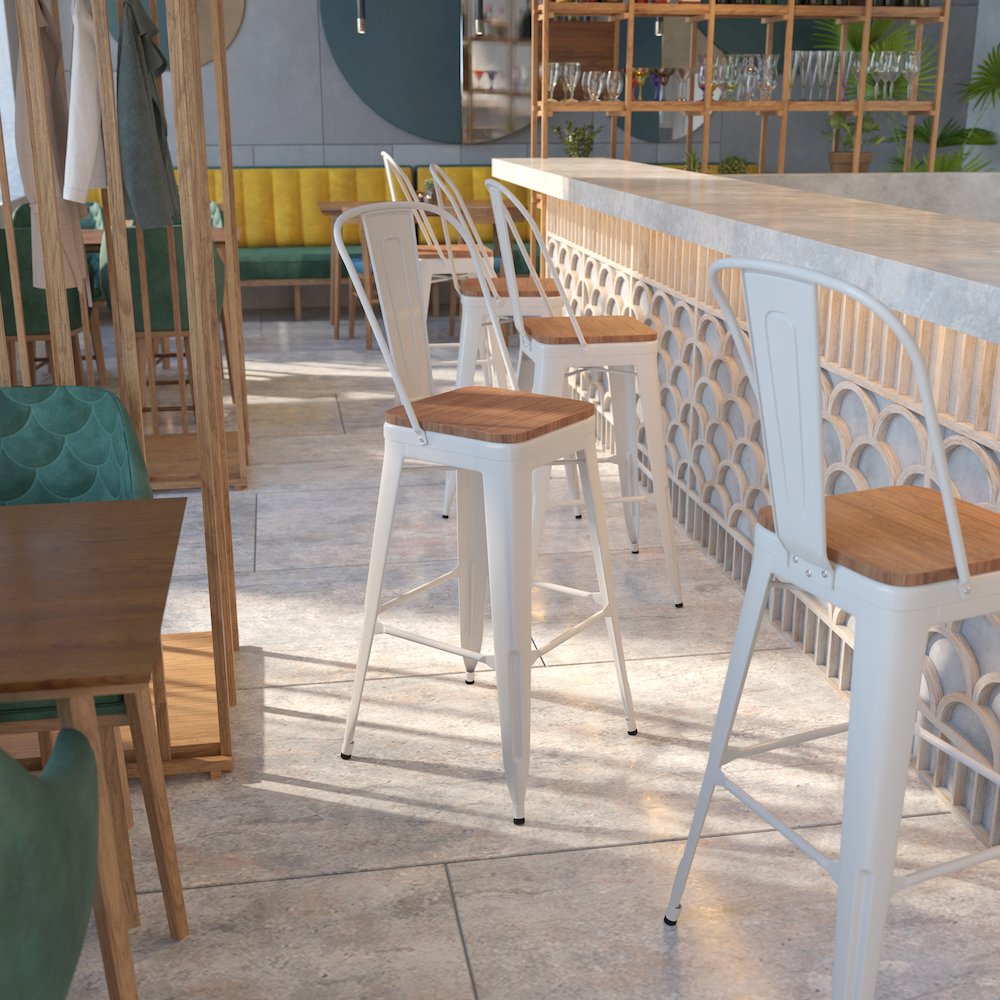 30" High White Metal Barstool with Back and Wood Seat. Picture 2