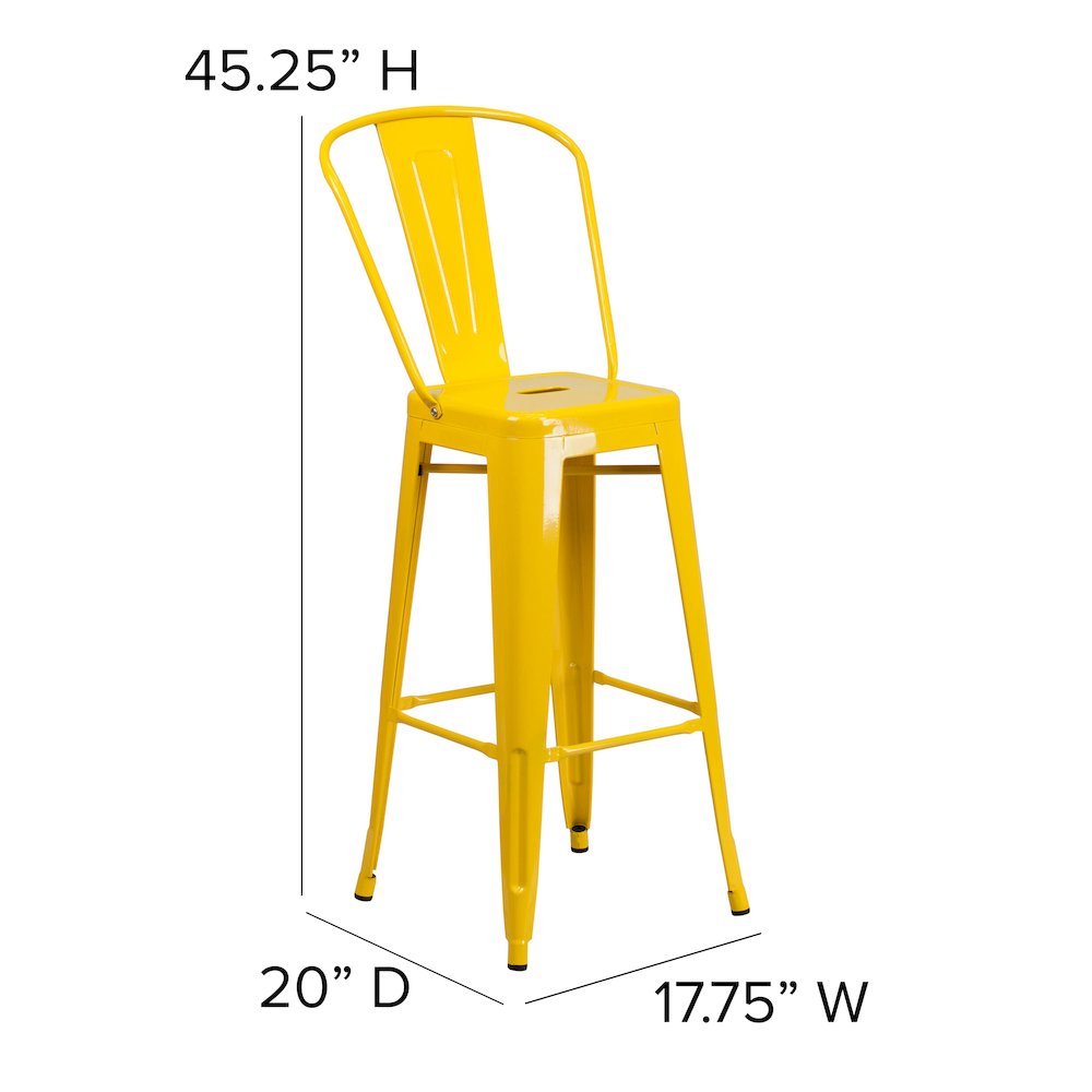 Commercial Grade 30" High Yellow Metal Indoor-Outdoor Barstool with Removable Back. Picture 2