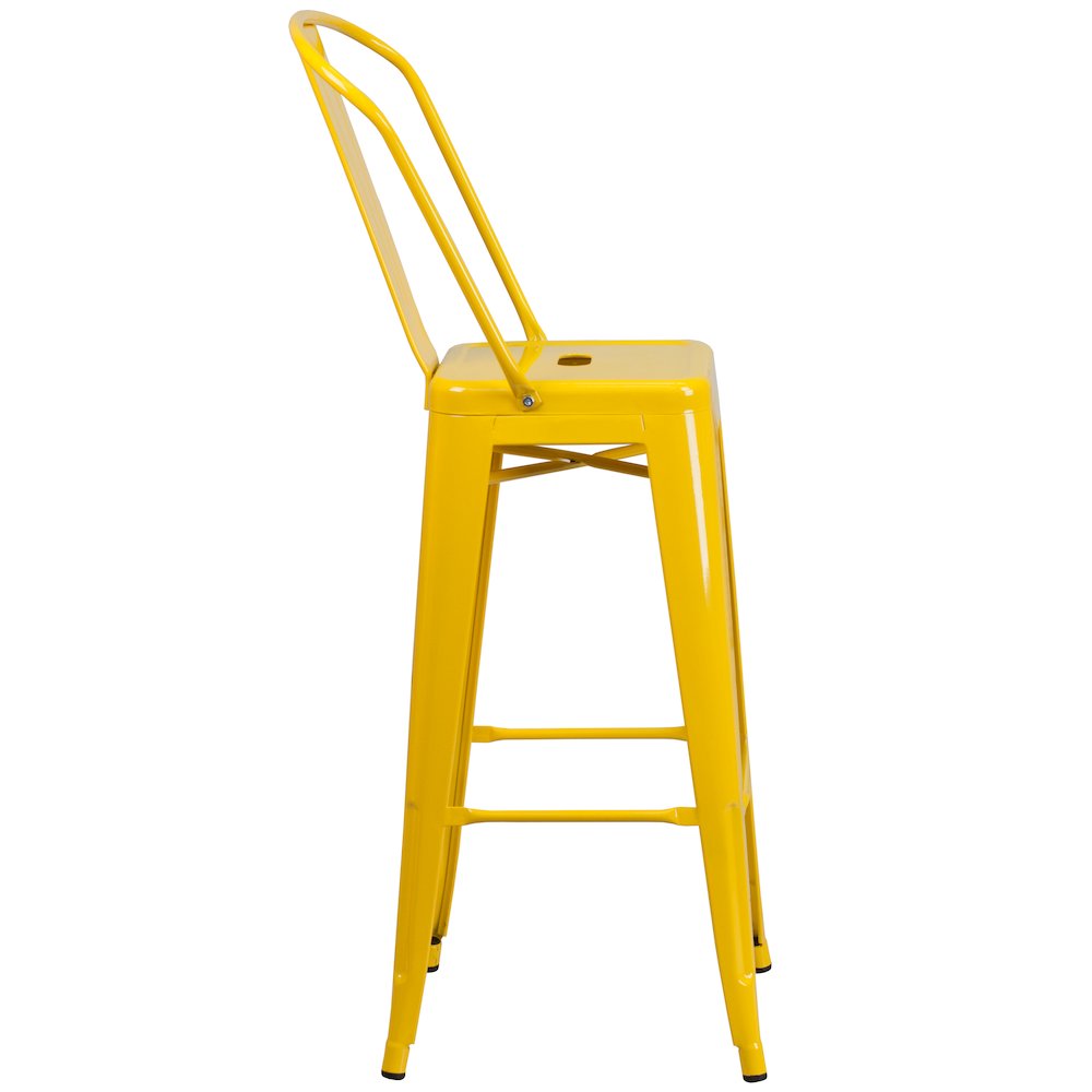 Commercial Grade 30" High Yellow Metal Indoor-Outdoor Barstool with Removable Back. Picture 3