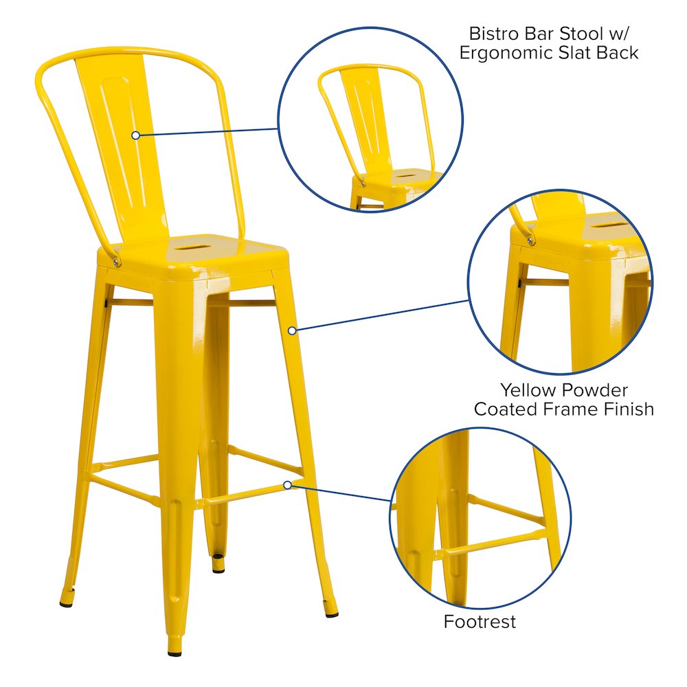 30" High Yellow Metal Indoor-Outdoor Barstool with Removable Back. Picture 5