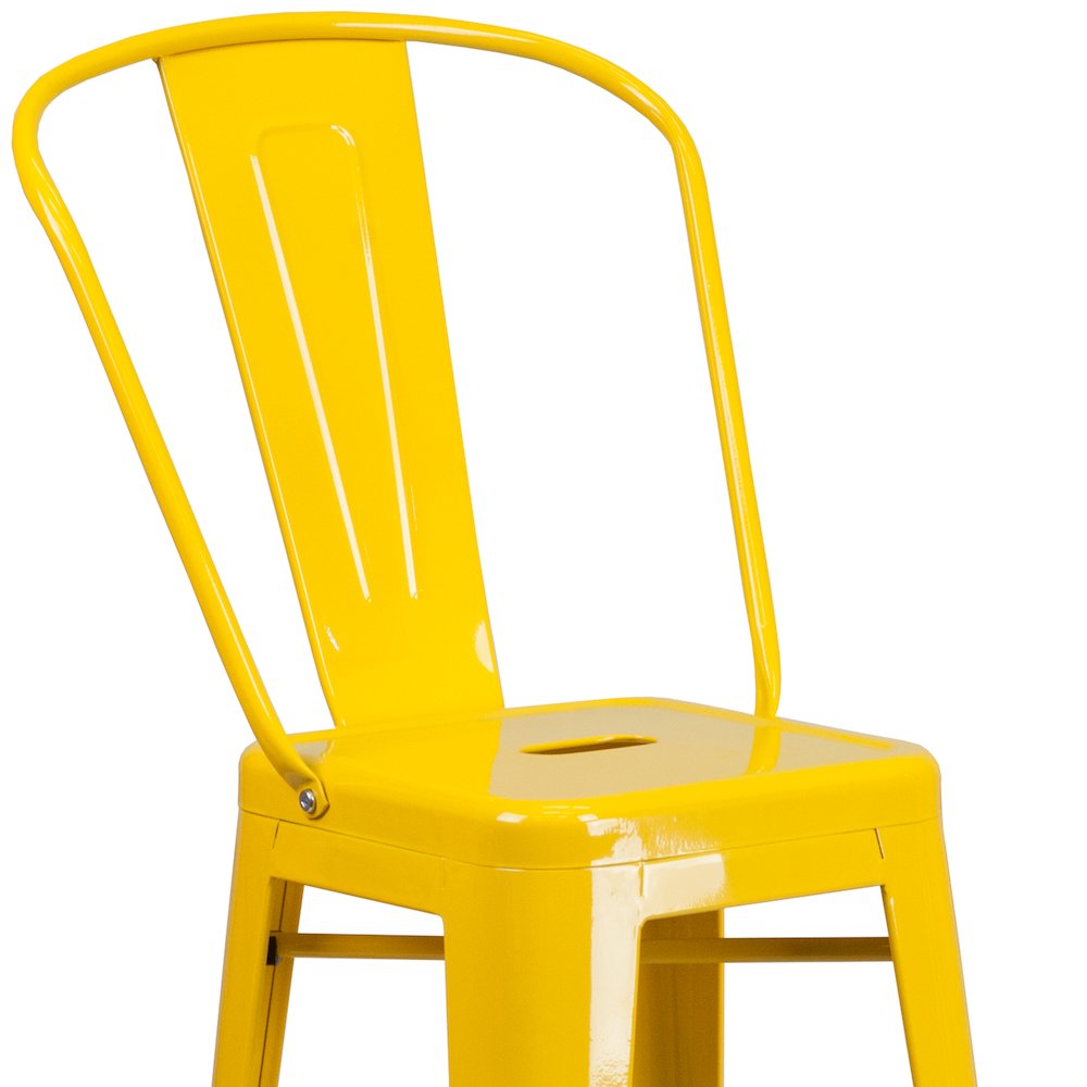 30" High Yellow Metal Indoor-Outdoor Barstool with Removable Back. Picture 11