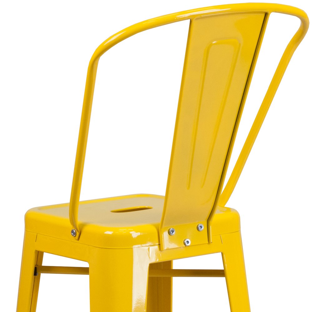 30" High Yellow Metal Indoor-Outdoor Barstool with Removable Back. Picture 8