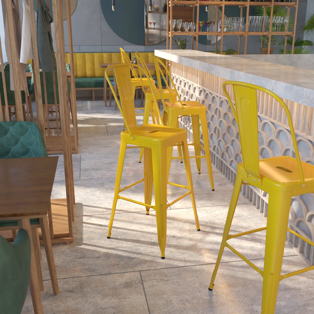 Commercial Grade 30" High Yellow Metal Indoor-Outdoor Barstool with Removable Back. Picture 6