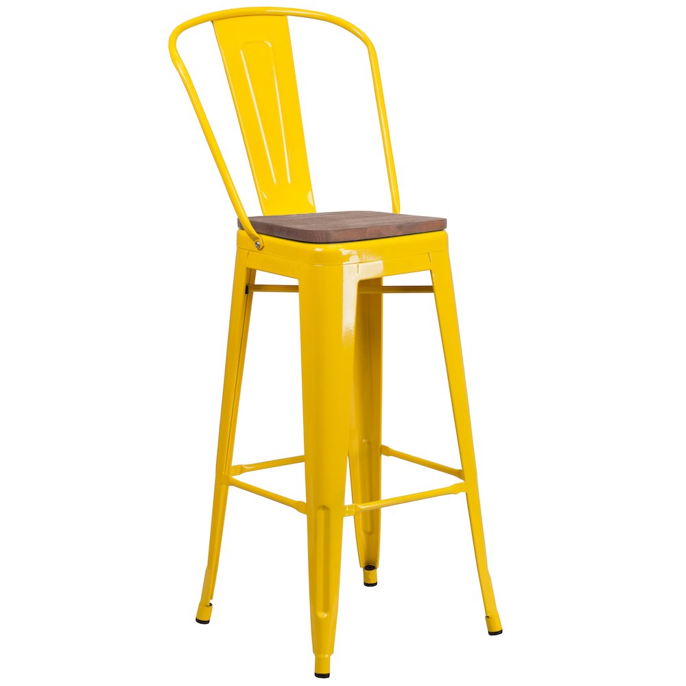 30" High Yellow Metal Barstool with Back and Wood Seat. Picture 1