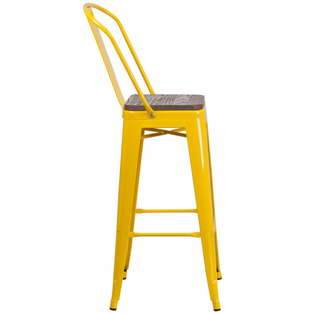 30" High Yellow Metal Barstool with Back and Wood Seat. Picture 5