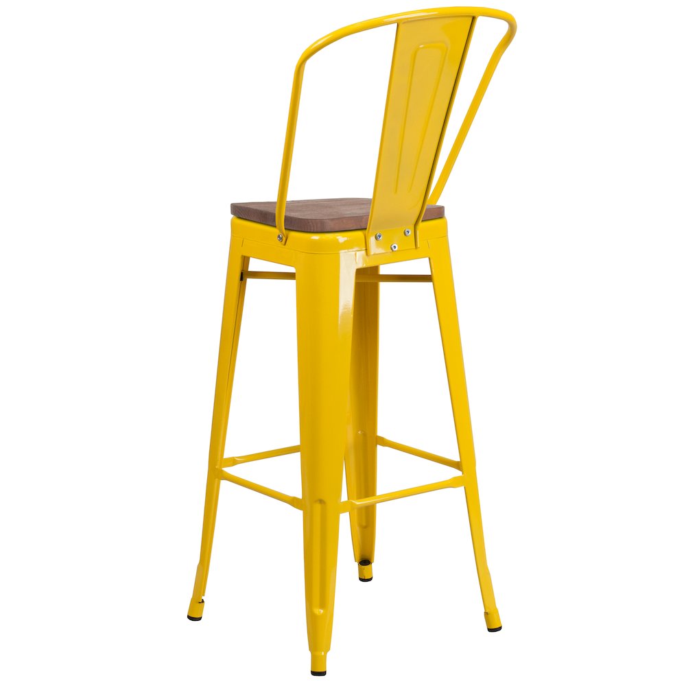30" High Yellow Metal Barstool with Back and Wood Seat. Picture 4