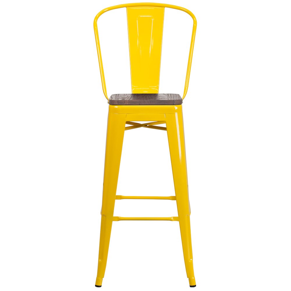 30" High Yellow Metal Barstool with Back and Wood Seat. Picture 6