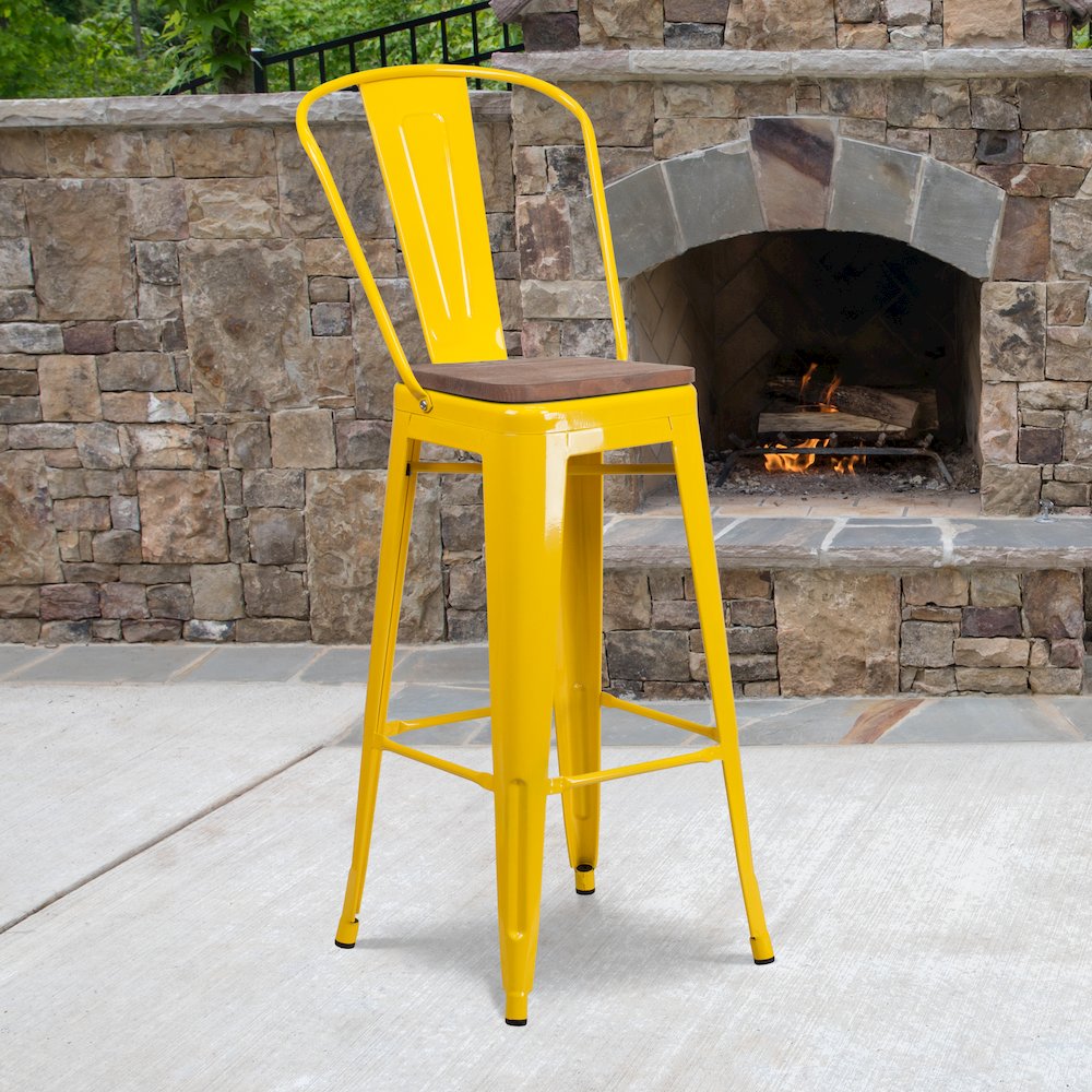 30" High Yellow Metal Barstool with Back and Wood Seat. Picture 2