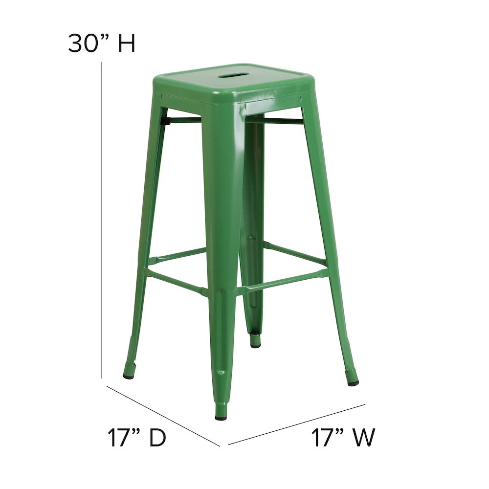 30" High Backless Green Metal Indoor-Outdoor Barstool with Square Seat. Picture 6