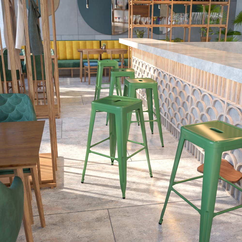 30" High Backless Green Metal Indoor-Outdoor Barstool with Square Seat. Picture 2