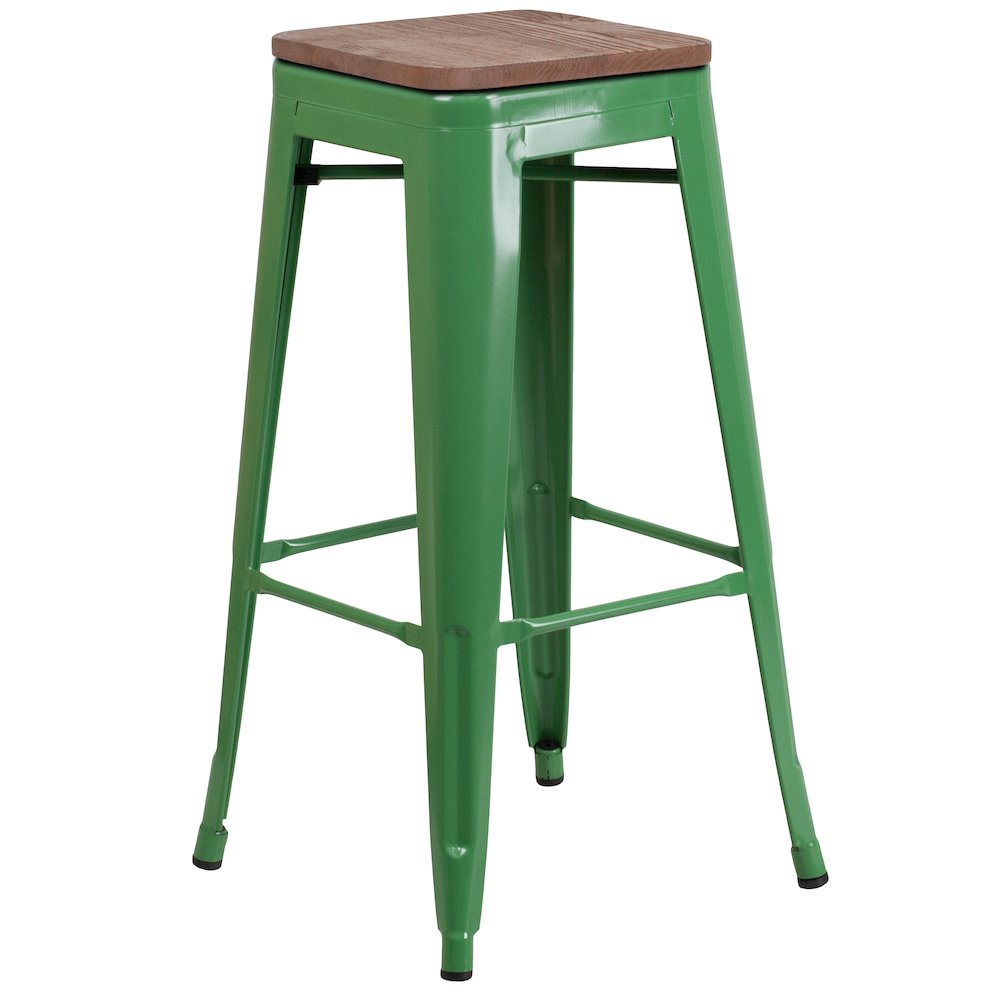 30" High Backless Green Metal Barstool with Square Wood Seat. Picture 1