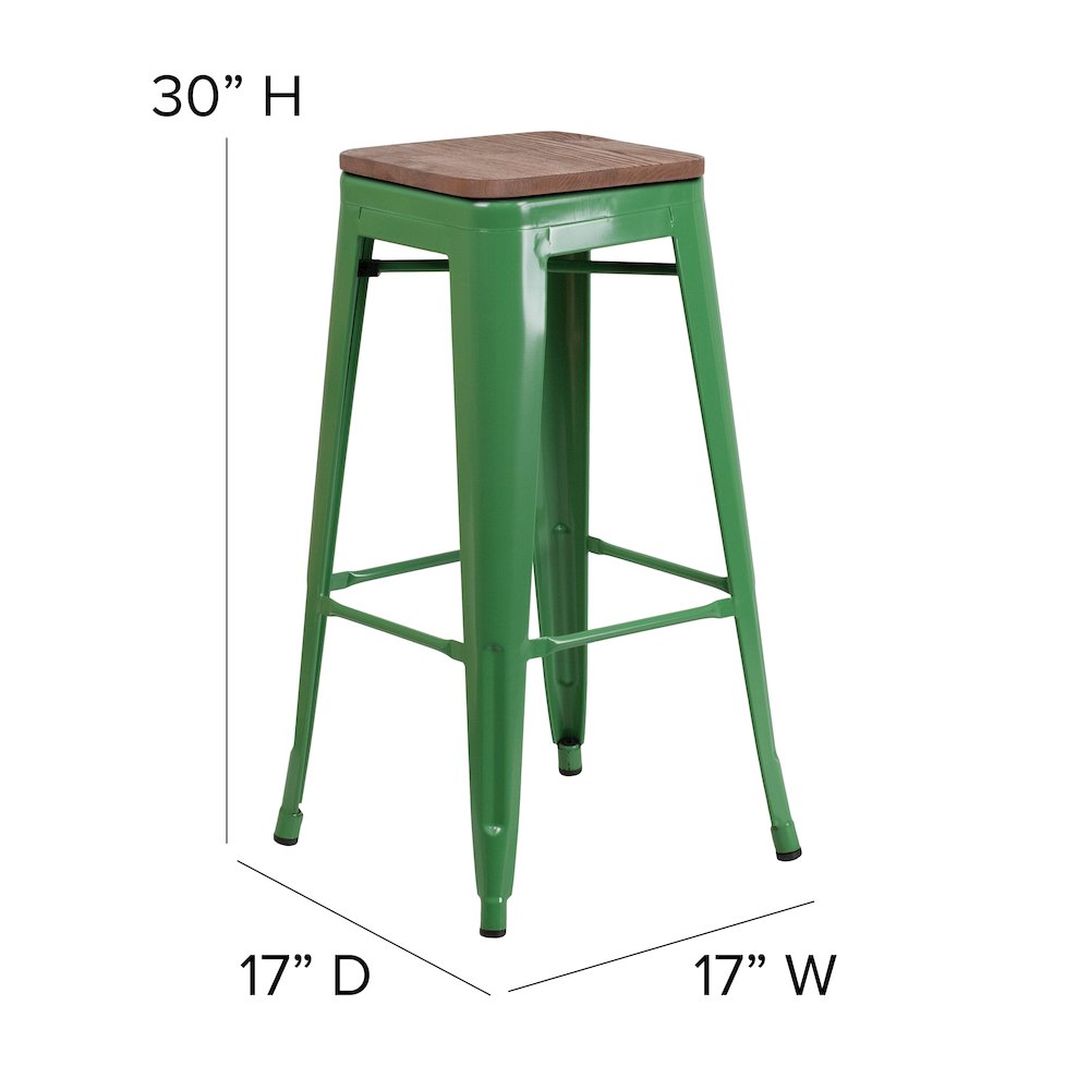 30" High Backless Green Metal Barstool with Square Wood Seat. Picture 6