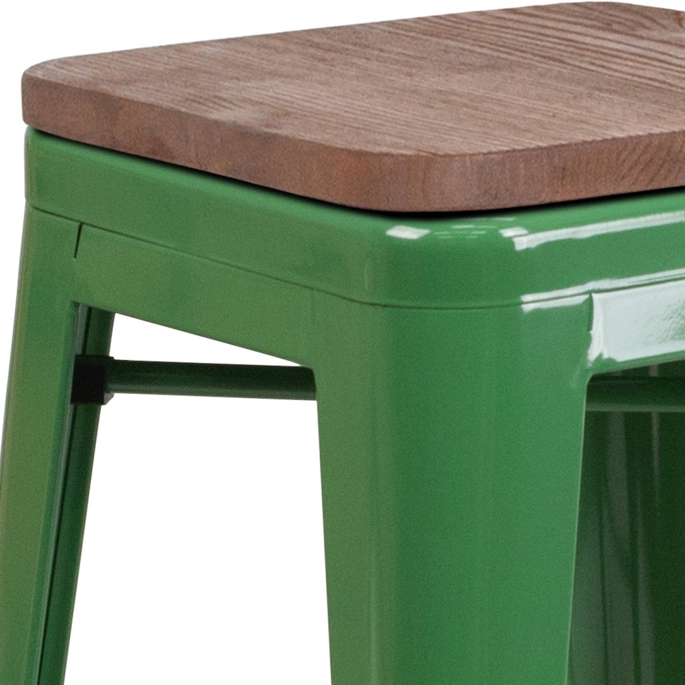 30" High Backless Green Metal Barstool with Square Wood Seat. Picture 12