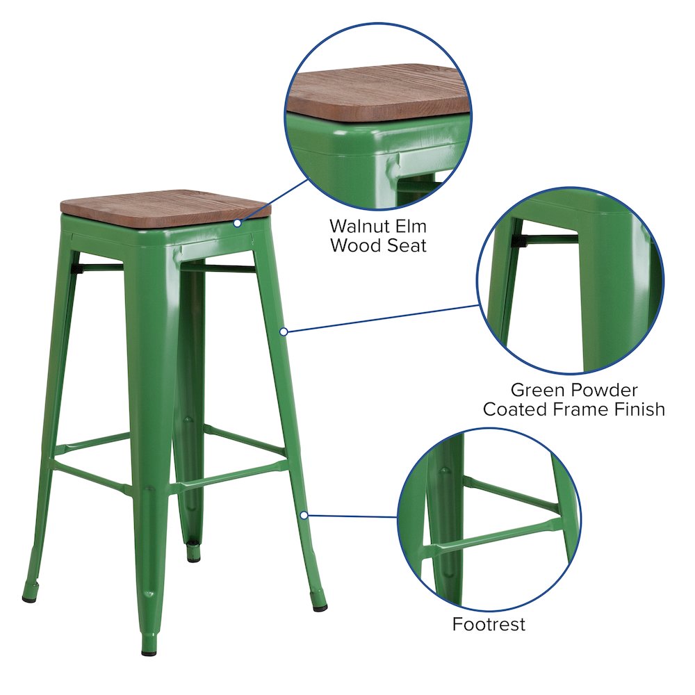 30" High Backless Green Metal Barstool with Square Wood Seat. Picture 5