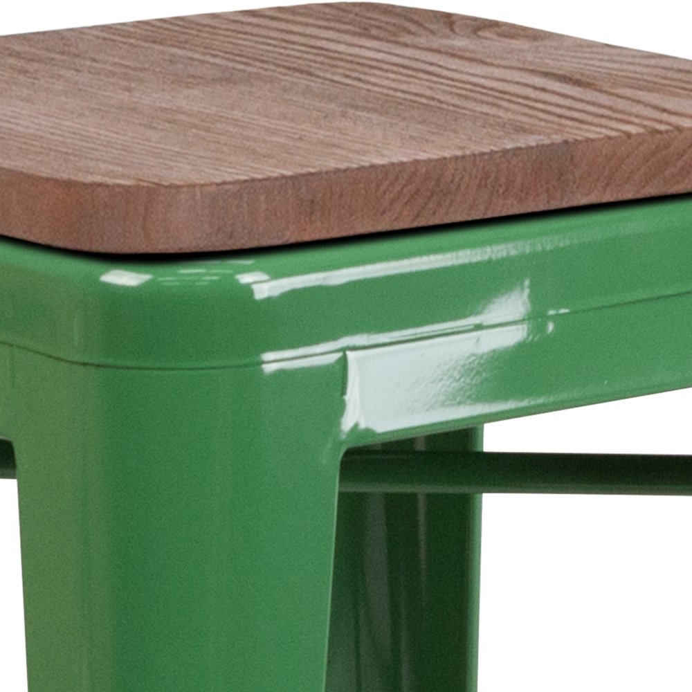 30" High Backless Green Metal Barstool with Square Wood Seat. Picture 9