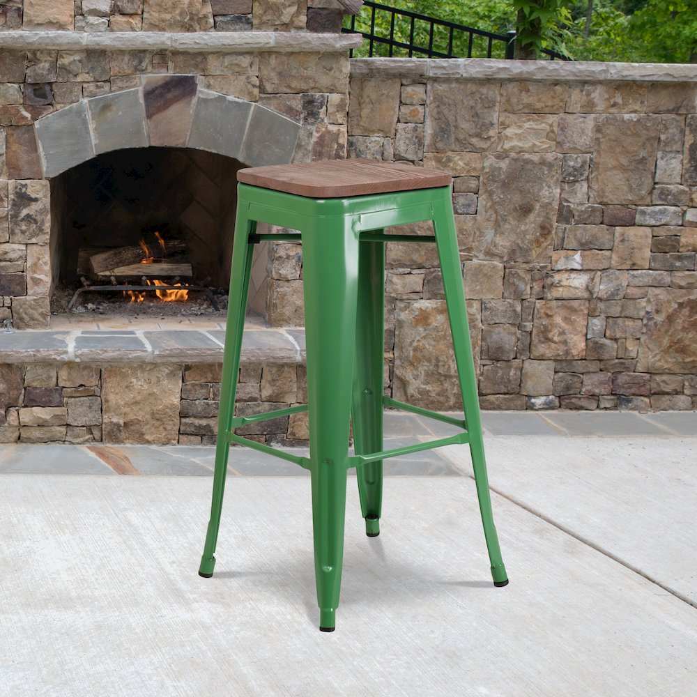 30" High Backless Green Metal Barstool with Square Wood Seat. Picture 2