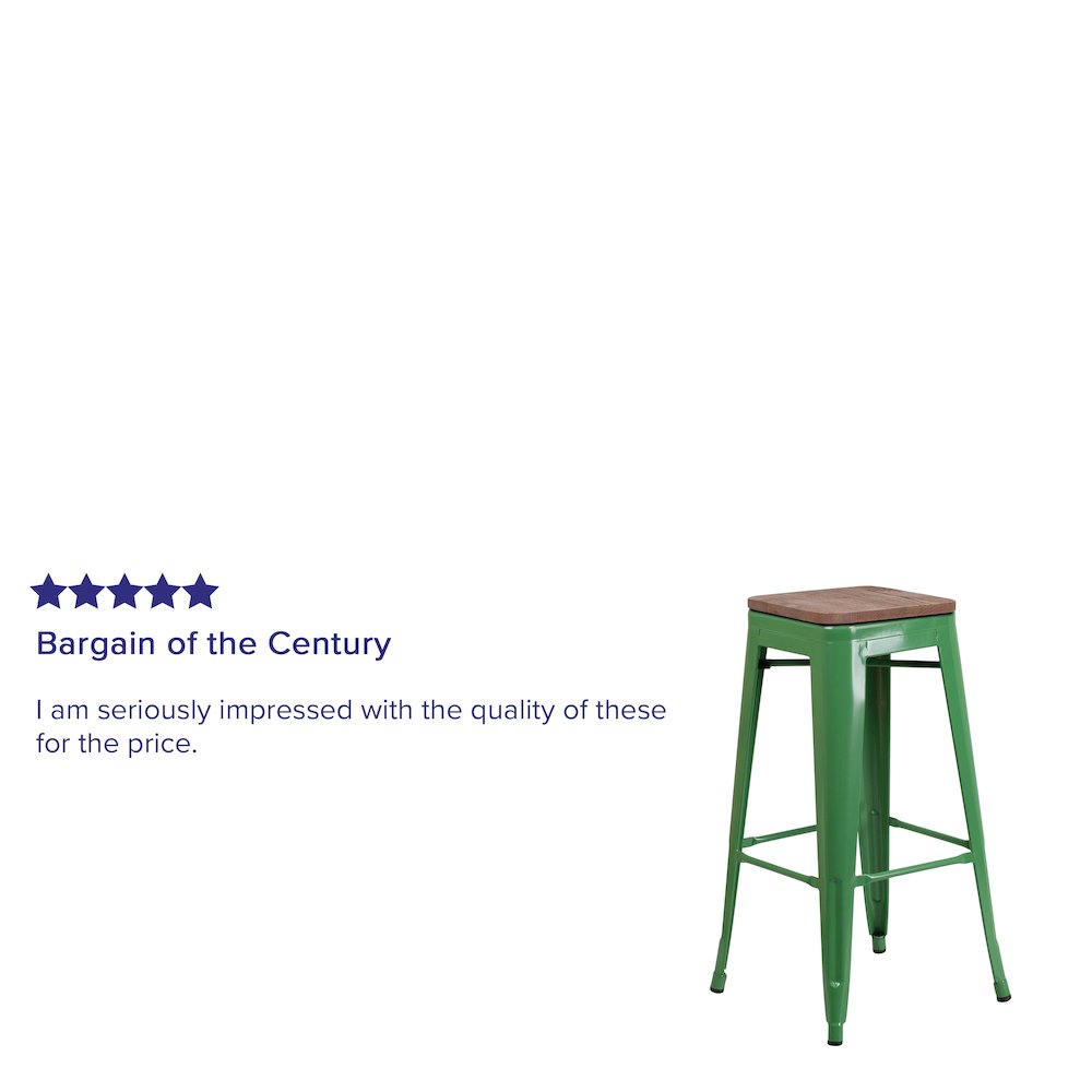 30" High Backless Green Metal Barstool with Square Wood Seat. Picture 4